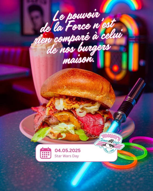 Viens te régaler dans une galaxie pas si lointaine ! 👾🍔  Parce qu’aujourd’hui, le vrai pouvoir, c’est celui de nos burgers maison.  ⚔️ Que la Force soit avec toi et surtout, que ton appétit soit grand !  Tu rejoins l’Empire ou la Rébellion du goût ? 👇  #MayThe4thBeWithYou #tommysdiner #diner #restaurant #streetfood #burger #burgers #toulouse #labege #montauban #lepontet #angers #caen #metz